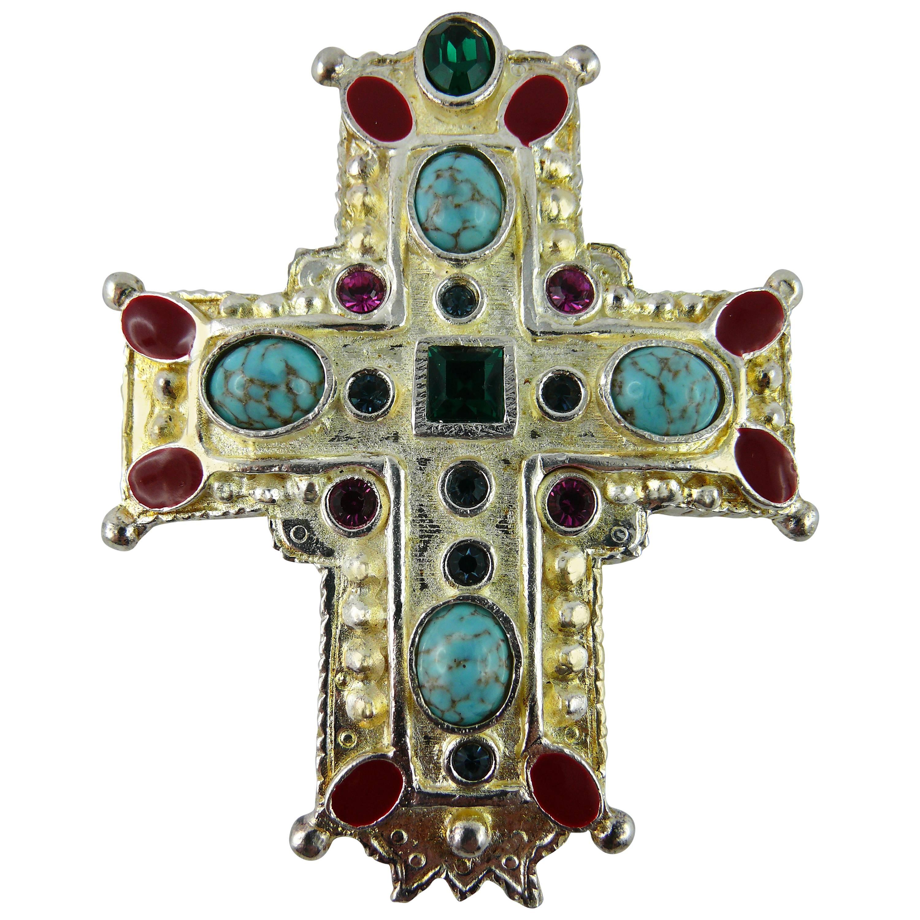 Christian Lacroix Vintage Rare Massive Jewelled Cross Brooch Pendant at