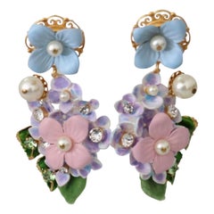 Dolce & Gabbana Gold Purple Pink Brass Clip-on Dangle Earrings Flower Pearl