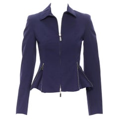 CLAUDE MONTANA BLU Vintage Marineblaue langärmlige Jacke mit Reißverschluss und Peplum-Saum IT38 XS