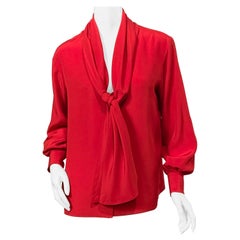 Yves Saint Laurent Red Silk Blouse with Scarf Tie Neckline