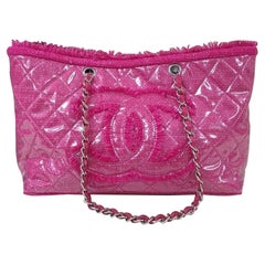 Chanel Pink Tweed Quilted Vinyl Medium Shoulder Tote Bag