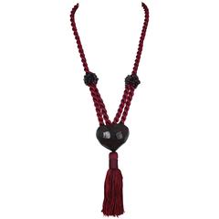 Yves Saint Laurent YSL Vintage Exotic Wood Heart and Tassel Necklace NWT