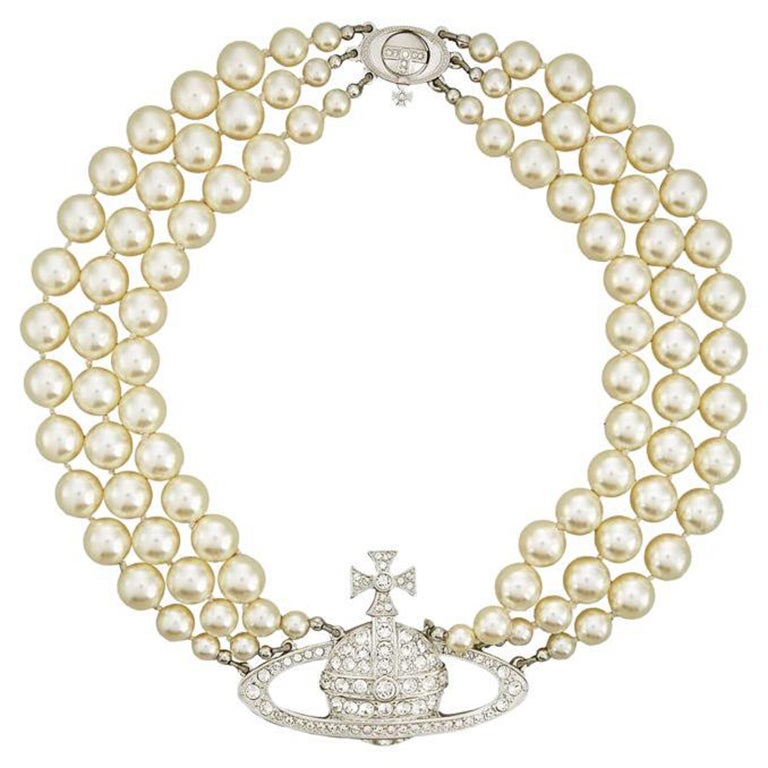 Vivienne Westwood Three Row Pearl Bas Relief Choker Sliver at 1stDibs