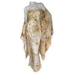 Escada Couture Vintage Gold Devore Velvet Spiral Pattern Dress w Matching Shawl