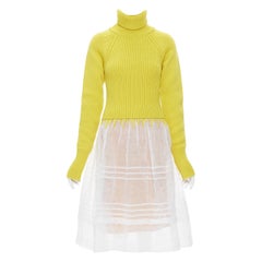 new LOEWE yellow wool chunky knit turtleneck sweater sheer skirt dress M