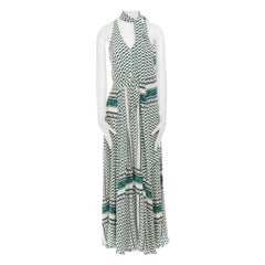 DEREK LAM 100% silk green geometric print button front tie scarf maxi dress US2