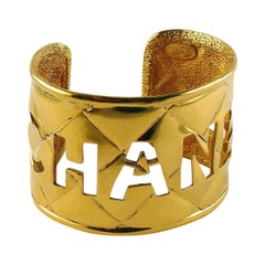Chanel Vintage Gold Toned Quilted Cut Out Cuff Bracelet