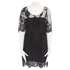 SIMONE BARBIERI TWIN-SET nero pizzo floreale manica corta foderato mini abito M.