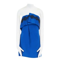 MARCHESA NOTTE black lace trimmed royal blue strapless mini dress US6 UK10 S