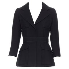 PRADA black wool 4 pocket waist dart belted fitted waist blazer jacket IT38 XS