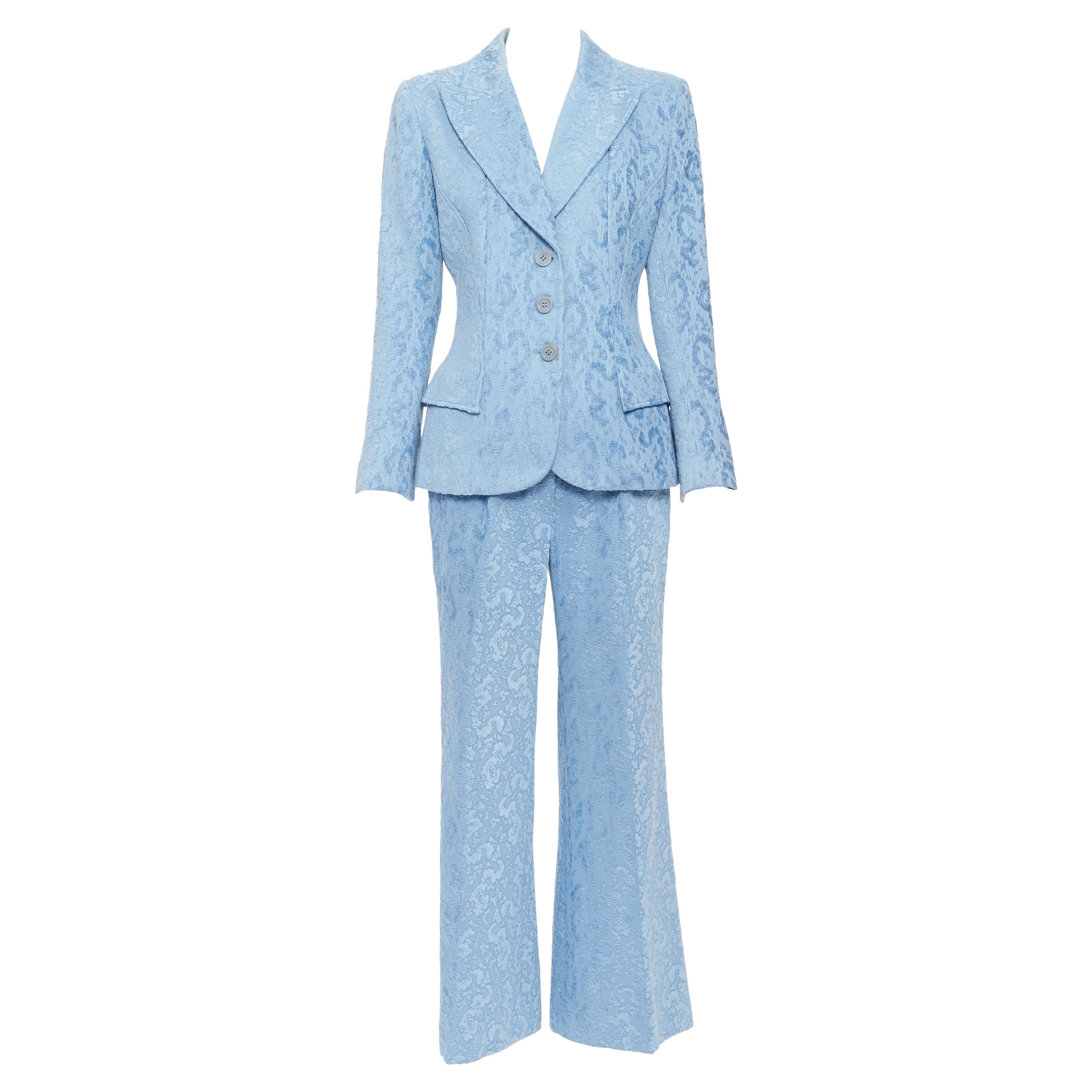 ANTONIO BERARDI light blue baroque jacquard evening blazer pant suit IT44 M