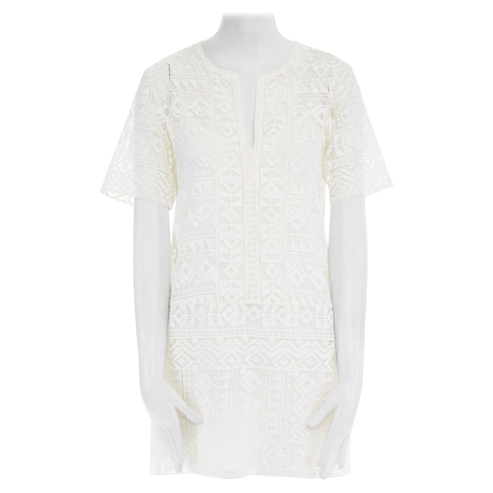 CLUB MONACO white geometric embroidered lattice bohemian mini dress US2 S