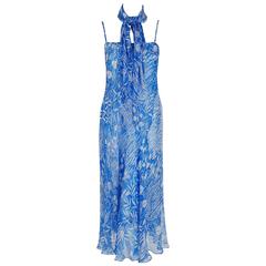 1970's Yves Saint Laurent Blue & White Floral Print Silk Chiffon Dress Ensemble