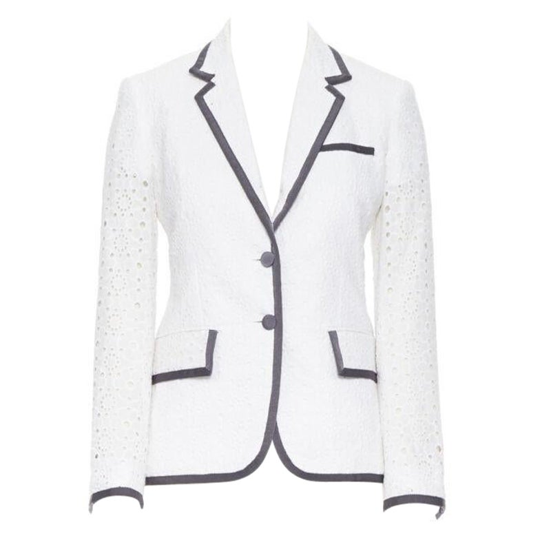 THOM BROWNE white floral embroidery anglaise grey grosgrain trim short blazer XS