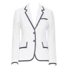 THOM BROWNE white floral embroidery anglaise grey grosgrain trim short blazer XS