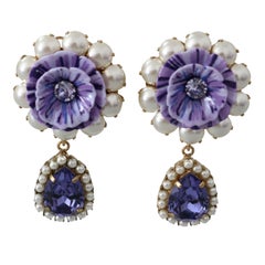 Dolce & Gabbana Purple Gold Brass Crystal Floral Clip-on Drop Earrings Flower