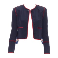 THOM BROWNE navy blue silk red piping check pleated flare back jacket US0 XS