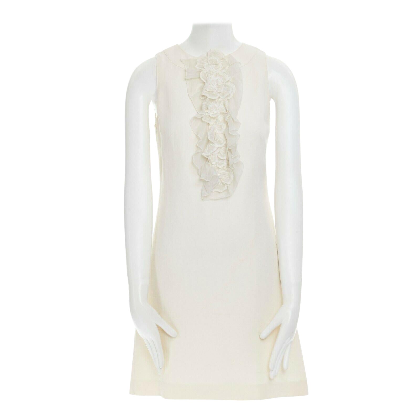 ANDREW GN cream embroider floral petal ruffle front sleeveless shift dress FR34