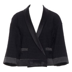 runway CHANEL black tweed silk shawl collar double breasted short jacket FR38