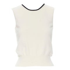 CHANEL cashmere blend beige black trim ribbed sleeveless vest sweater FR38 S M