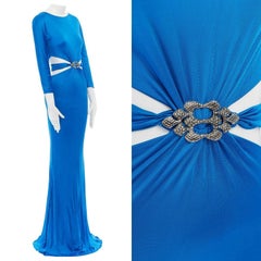 ROBERTO CAVALLI blue viscose crystal brooch cut out waist evening gown dress M