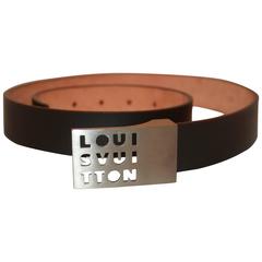 Louis Vuitton Dark Brown leather Belt w/ Silver "Louis Vuitton" Buckle - 34