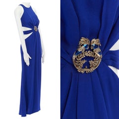ROBERTO CAVALLI blue viscose peacock enamel brooch cut out waist gown dress S