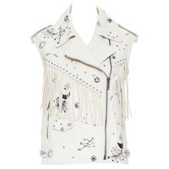 Seltene seltene VALENTINO beige schwarze horoscope Bikerjacke Weste aus Leder mit Scrbble-fransen IT38 XS