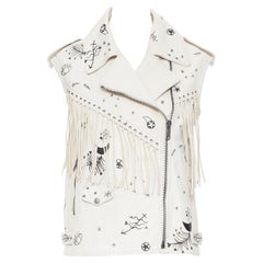 rare VALENTINO beige black horoscope scribble fringe leather biker vest IT38 XS