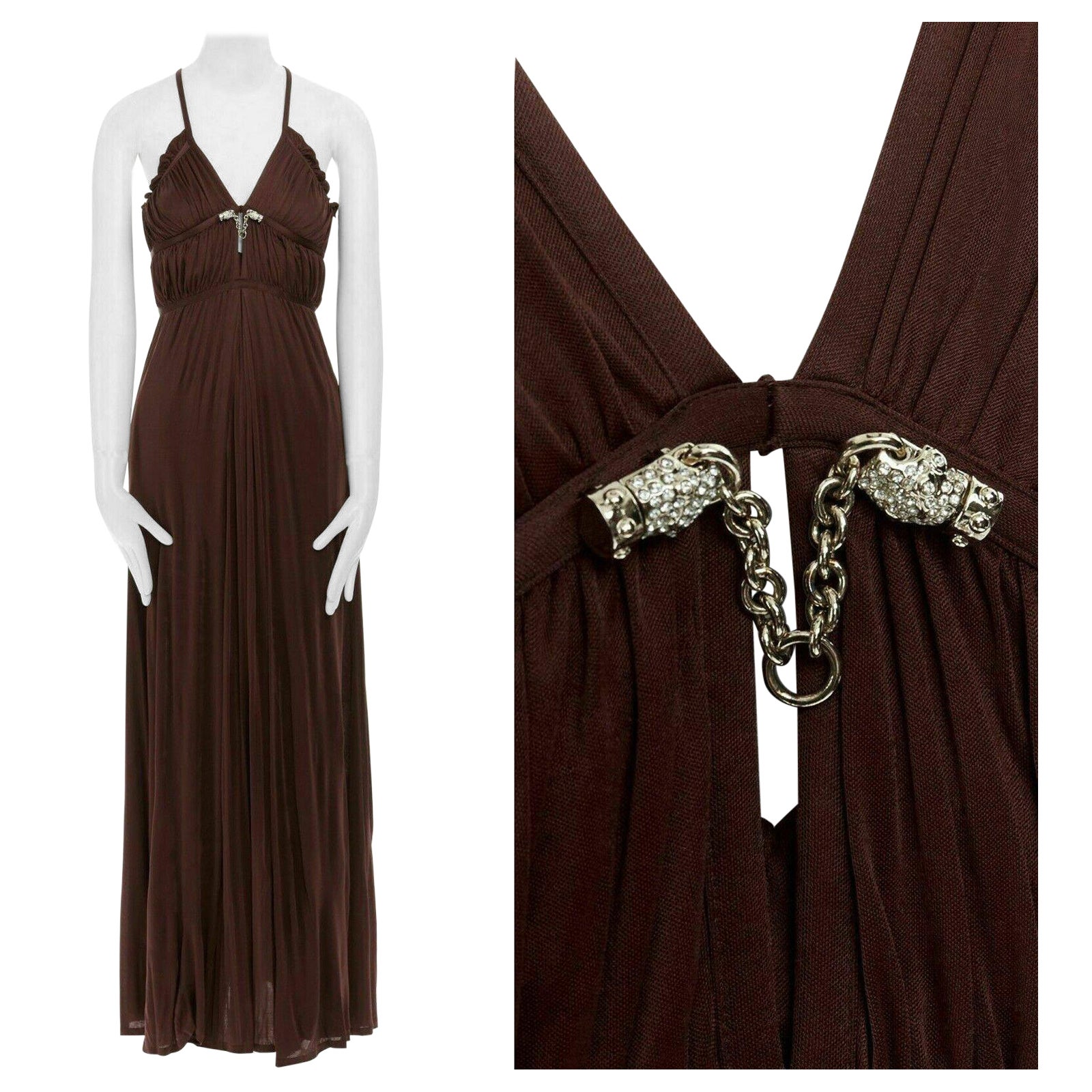 GUCCI 2006 crystal embellished bamboo plunge neck shirred pleated gown IT38 XS