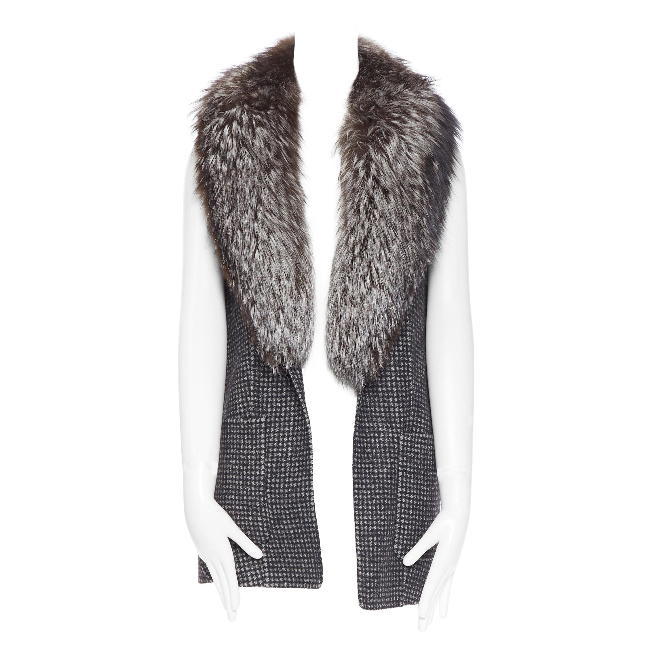 new MICHAEL KORS COLLECTION AW17 fox fur collar grey checked  wool vest US2 XS