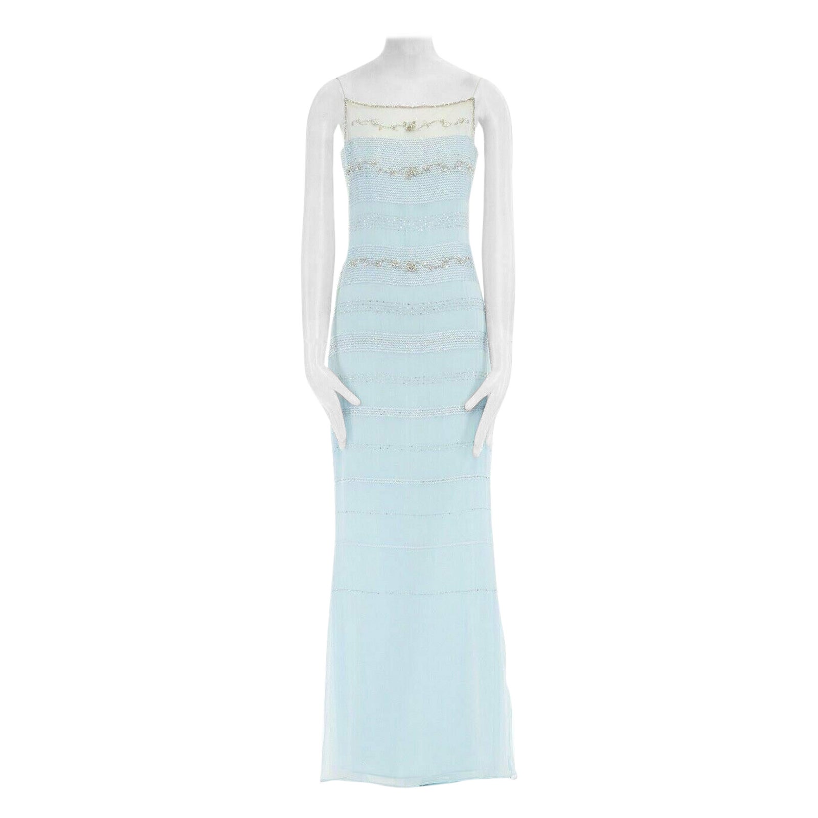 BADGLEY MISCHKA sky blue silk  bead embellished embroidered gown dress UK10