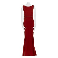 ZAC POSEN red bead embellished waist open back stretch flared hem ball gown M
