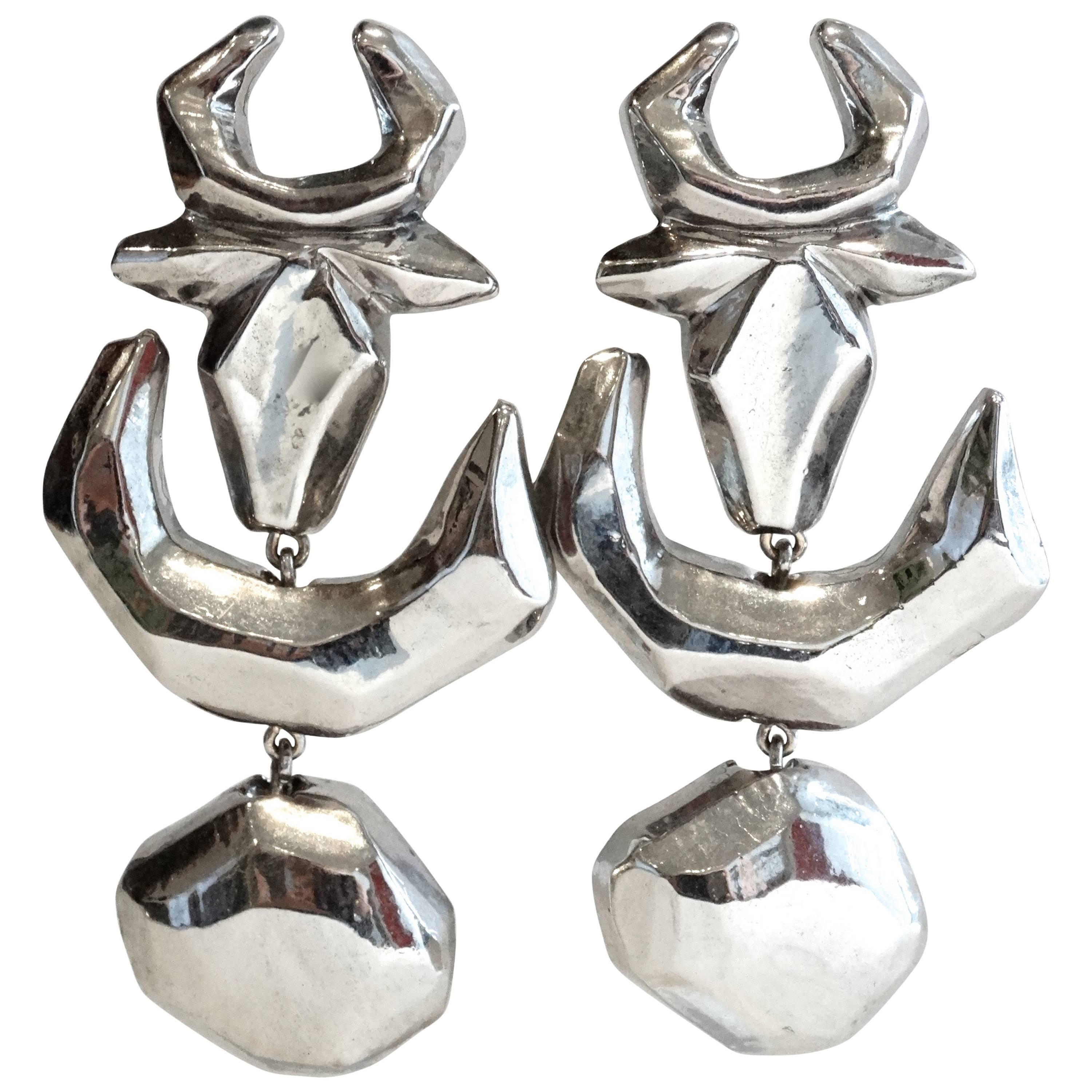 1980s Christian Lacroix Mirrored Silver Bull Drop Earrings 