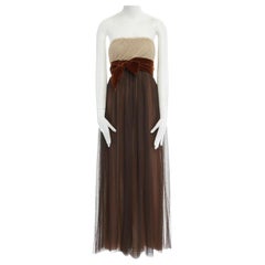VERA WANG beige tulle velvet bow brown tulle bustier gown dress US0 XS