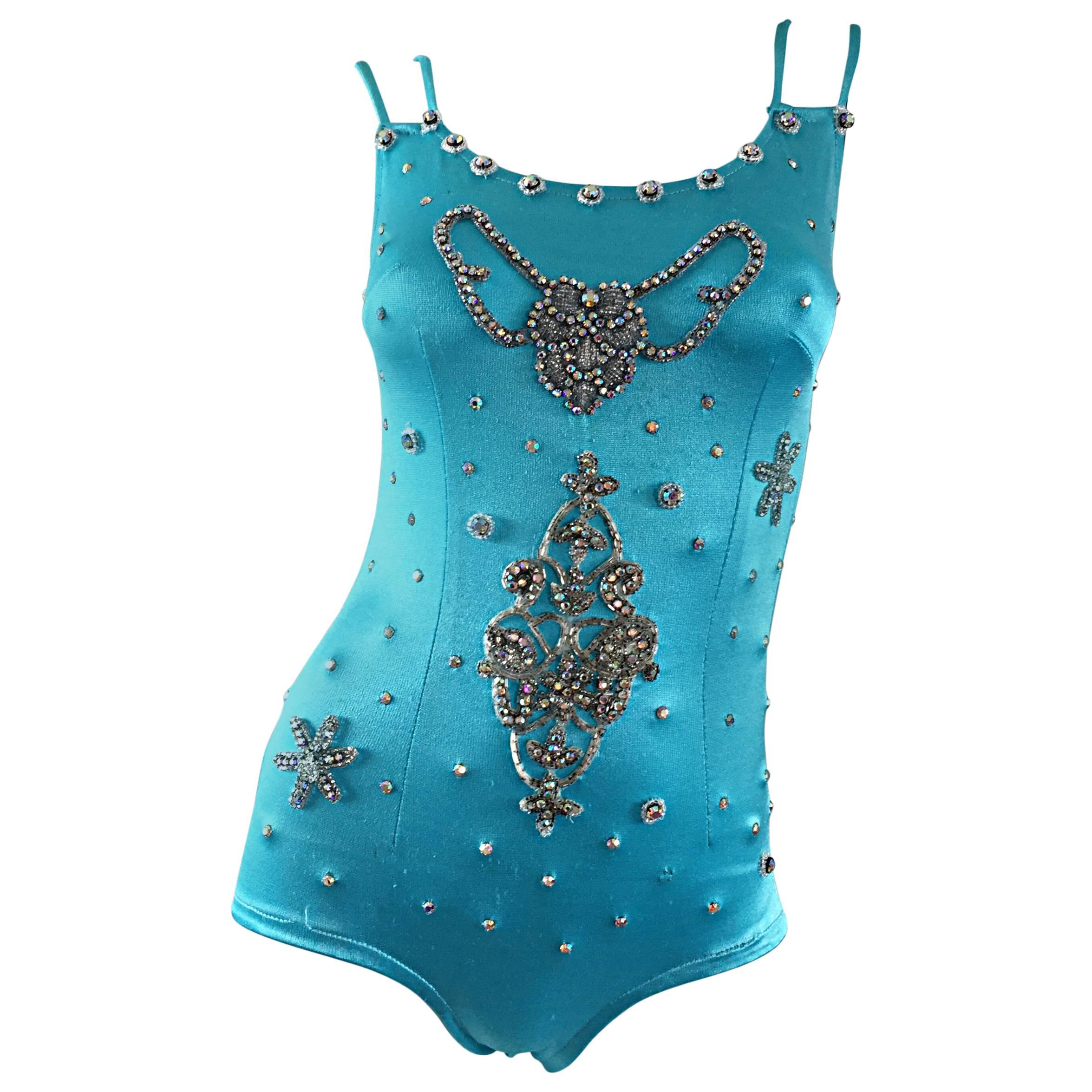 Rare 1950s Las Vegas Showgirl Aqua Blue Rhinestone Vintage 50s Leotard ...