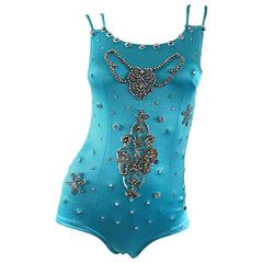 Seltene 1950er Las Vegas Showgirl Aqua Blau Strass Vintage 50s Leotard Bodysuit