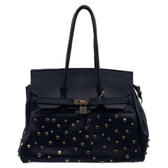 Sabrina Creazioni Black Leather Studs Top Handles Bag Satchel Handbag