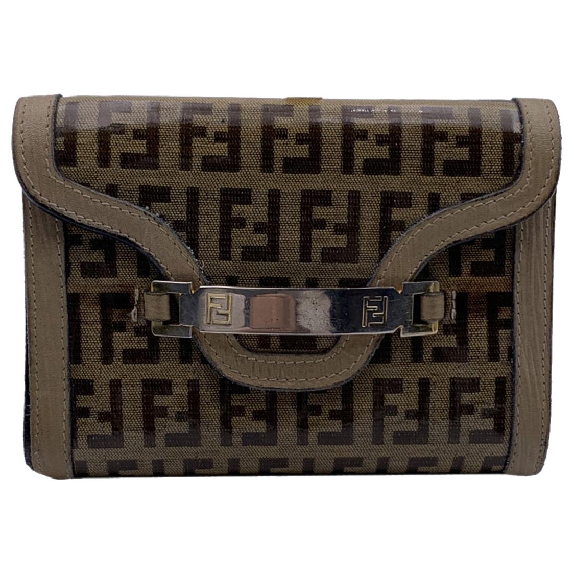 Fendi Vintage Tan Vinyl Canvas Monogram Zucchino Wallet Coin Purse