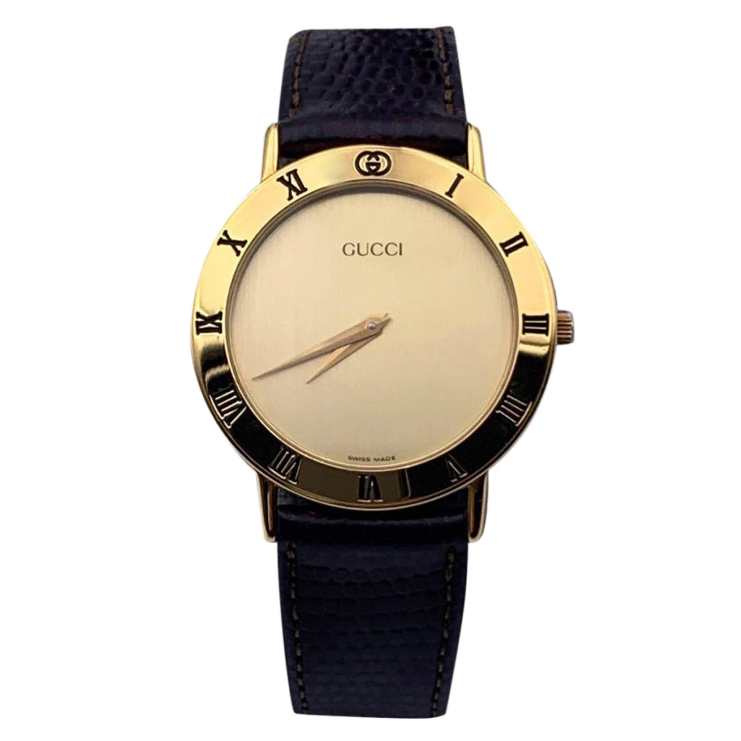 Gucci Vintage Gold Tone Stainless Steel 3000.2.M Watch Leather Strap at 1stDibs | gucci vintage watch, gucci vintage clock, vintage watch