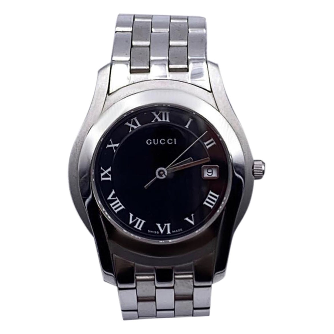 Gucci Silver Stainless Steel Mod 5500 M Quartz Wrist Watch Black