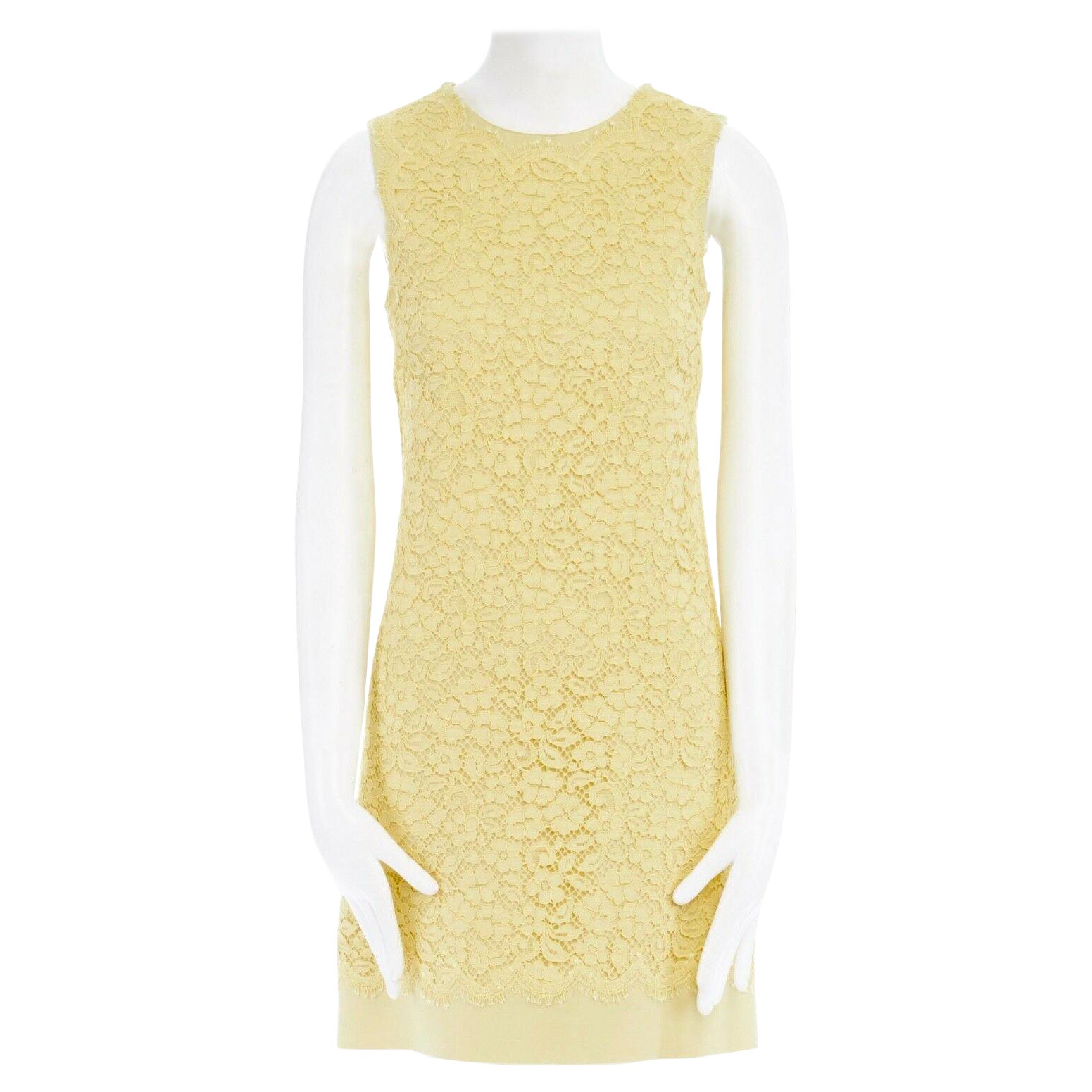 DOLCE GABBANA yellow lace overlayed wool crepe sleeveless A-line dress IT40 S