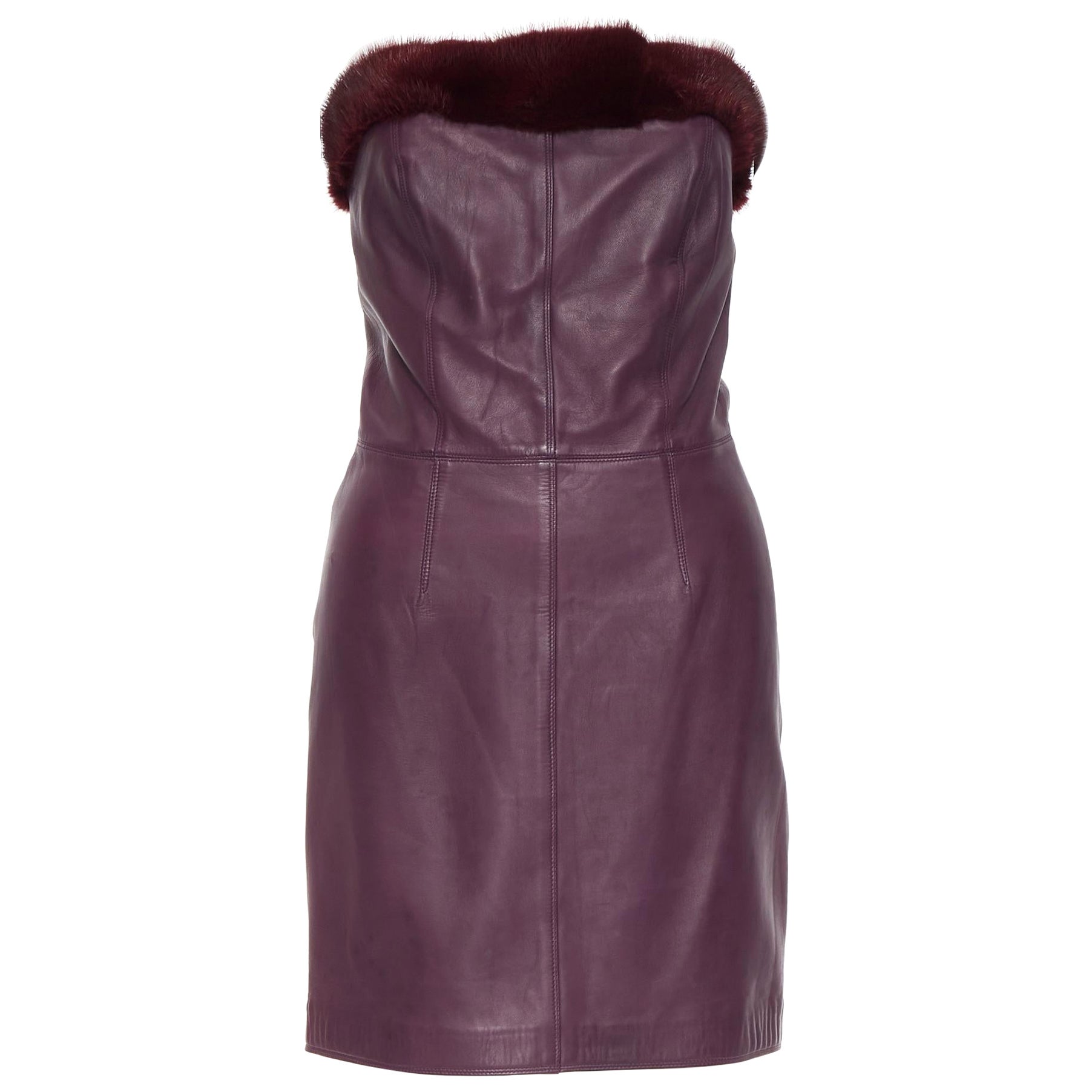 vintage GIANNI VERSACE 1997 purple leather fur trim strapless mini dress IT40