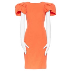 DSQUARED2 red orange ruche drape dart puff sleeve big shoulders dress IT44 L