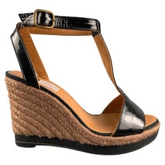 LANVIN Size 8 Black & Tan Patent Leather Espadrille Wedge Sandals