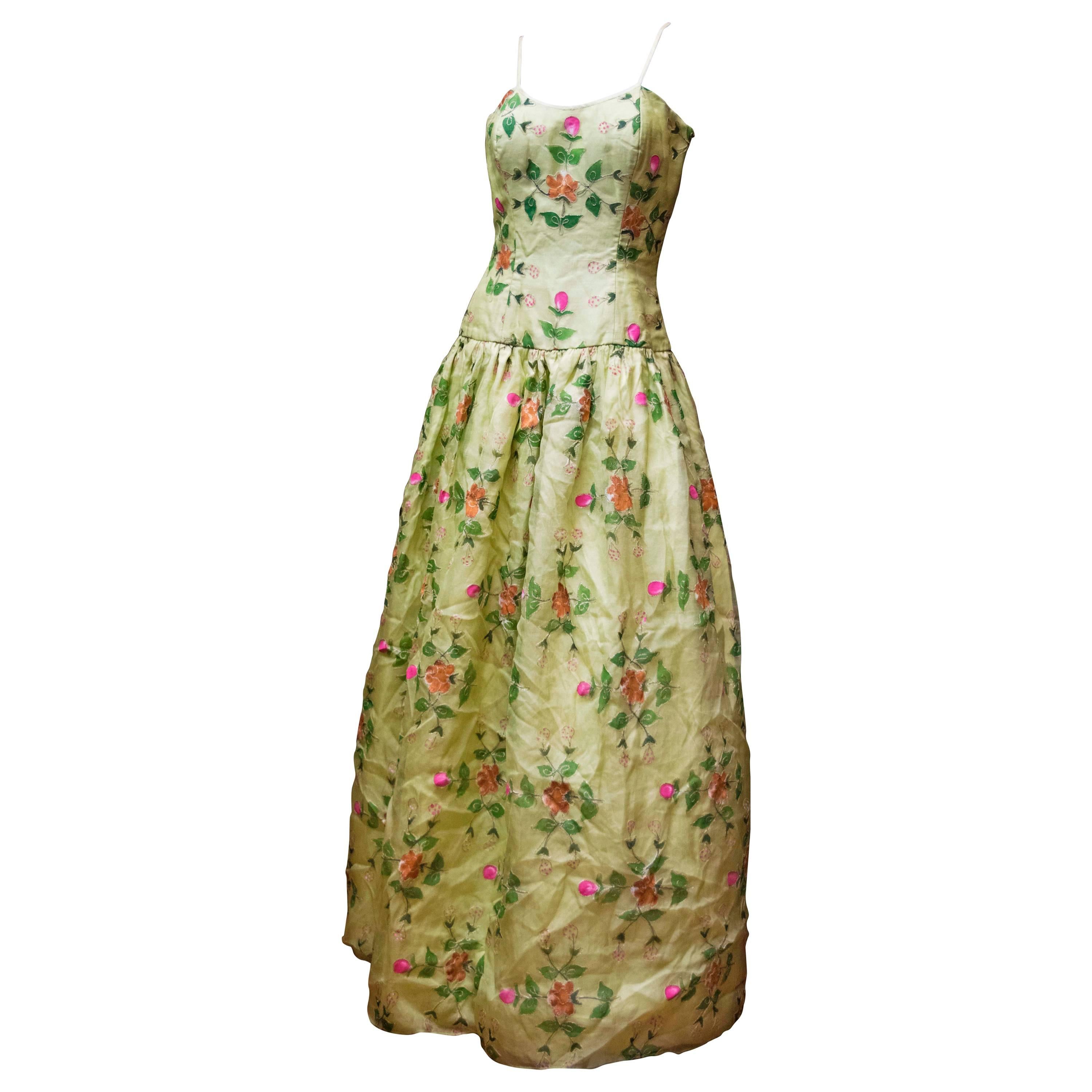 1960s Max Nugus Couture Light Green Hand Painted Gown  For Sale