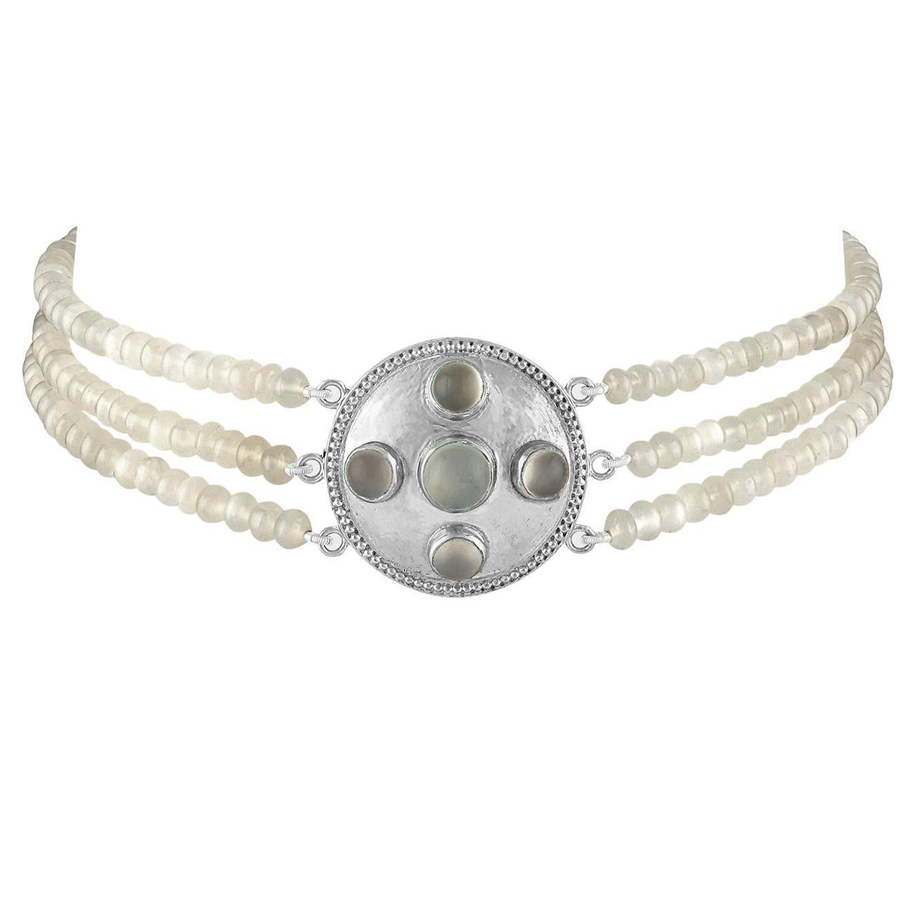 Rainbow Moonstone Silver Statement Choker Necklace For Sale