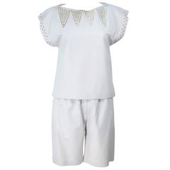 TED LAPIDUS Two Piece Off White Leather Short Set with Gold Studs Size 4 2