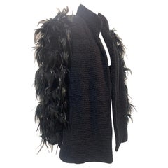 1990s Ted Lapidus Black Wool Boucle Coat w/ Lush Coq Feather Sleeves. 