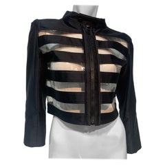 1990 Courreges Black Polished Cotton and Clear Vinyl Striped Cropped Jacket